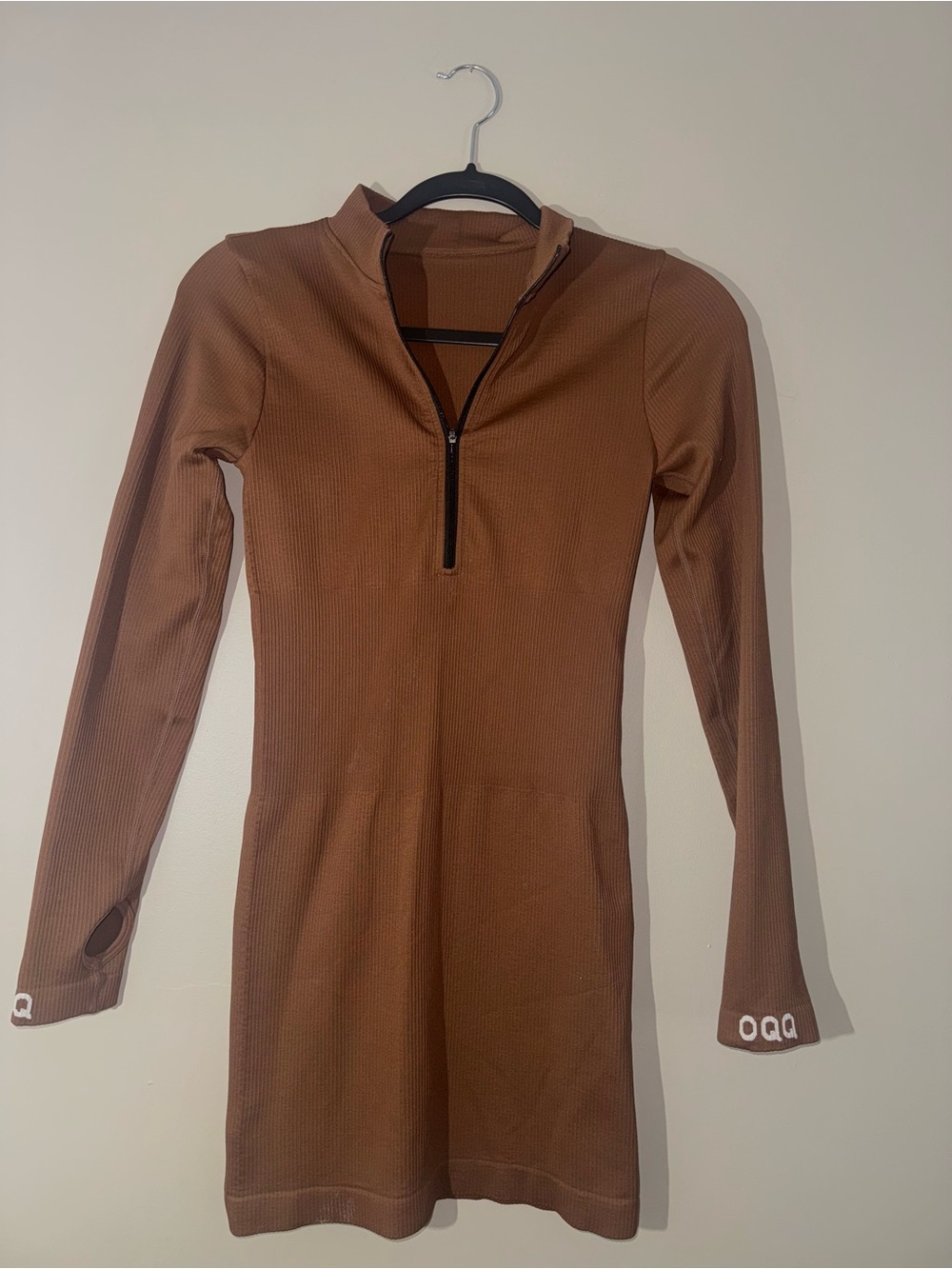 Brown Long-Sleeve Zip Mock-Neck Ribbed Dress